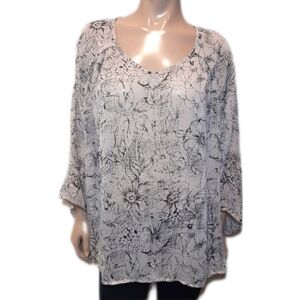 💠JACOB Sheer Floral Blouse Pleated Cropped Sleeve Vneck Top